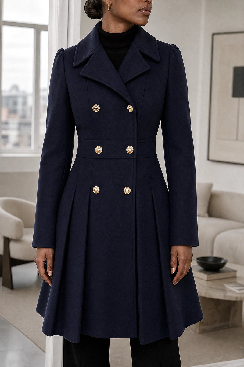 Flora | Double Button Coat in Dark Blue, fabric close-up