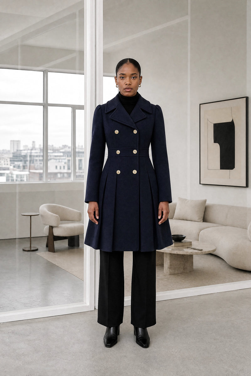 Flora | Double Button Coat in Dark Blue, studio front view
