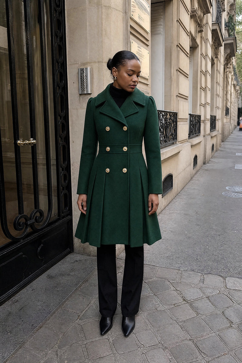 SOFAINE-V7-LIFE-Flora | Double Button Coat in Dark Green, street-style view