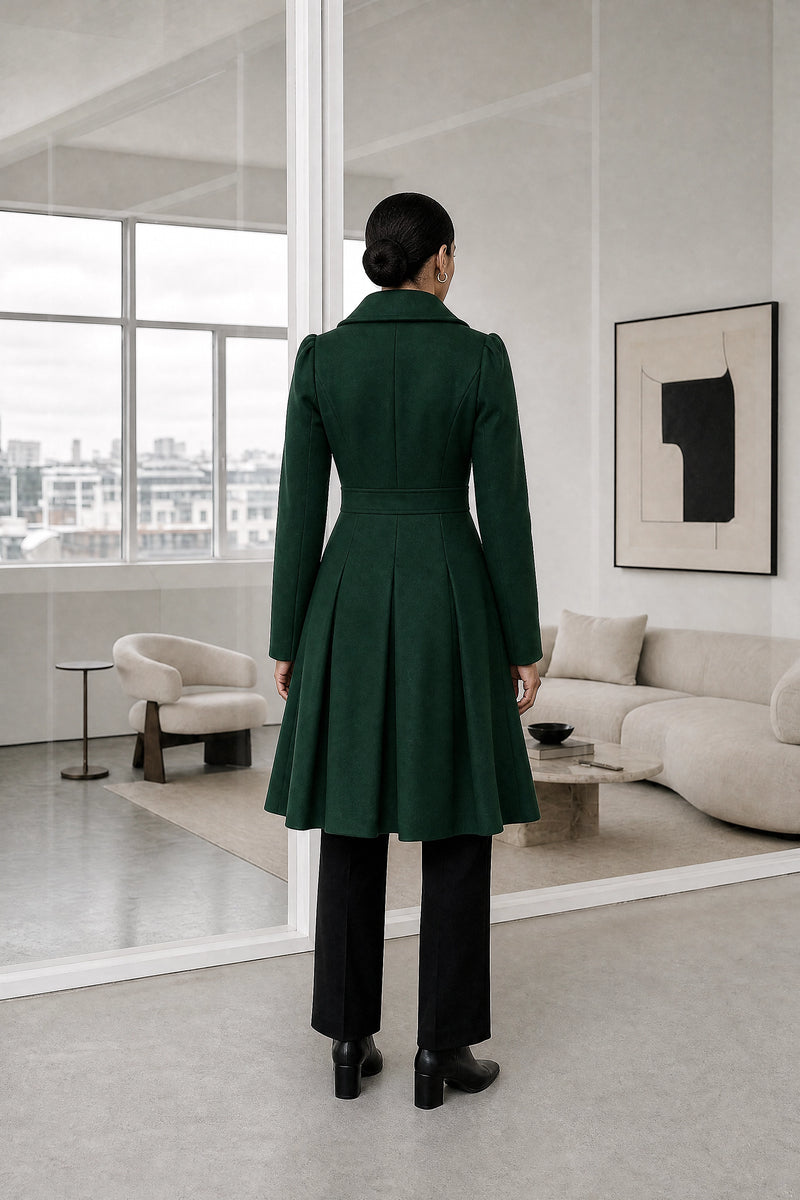 Flora | Double Button Coat in Dark Green, studio back view
