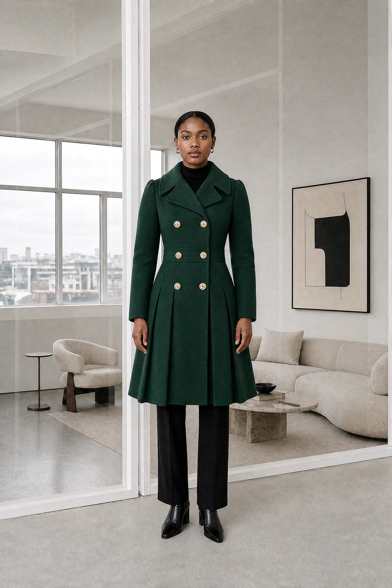 Flora | Double Button Coat in Dark Green, studio front view
