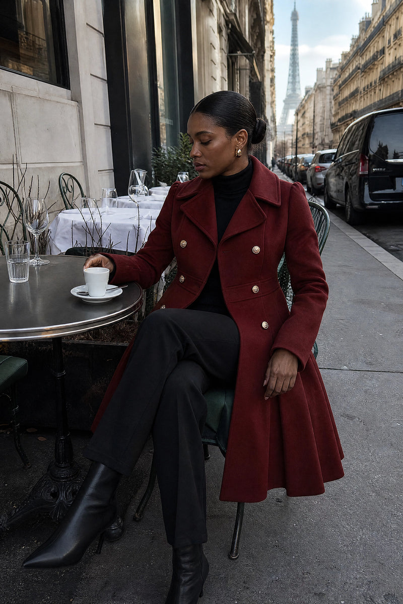 SOFAINE-V7-LIFE-Flora | Double Button Coat in Deep Red, café scene