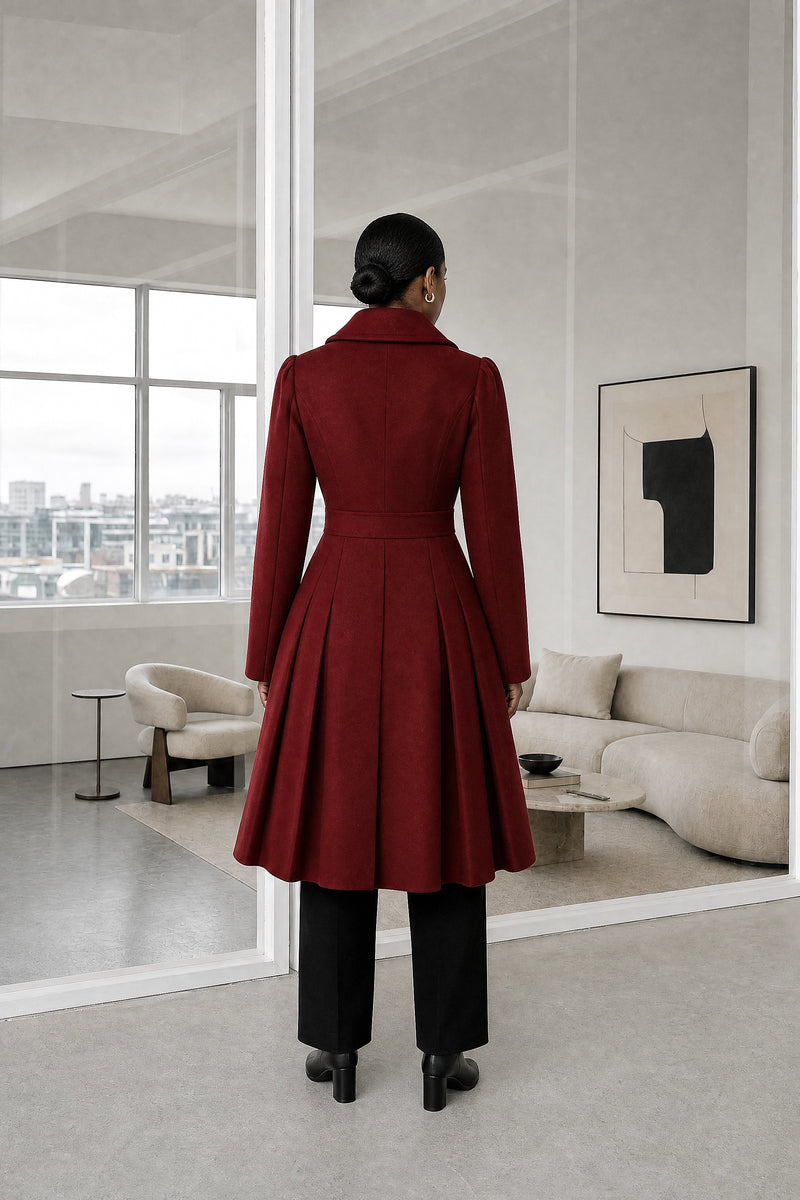 Flora | Double Button Coat in Deep Red, studio back view