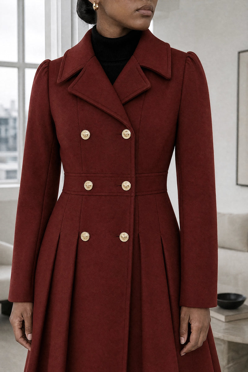 Flora | Double Button Coat in Deep Red, fabric close-up