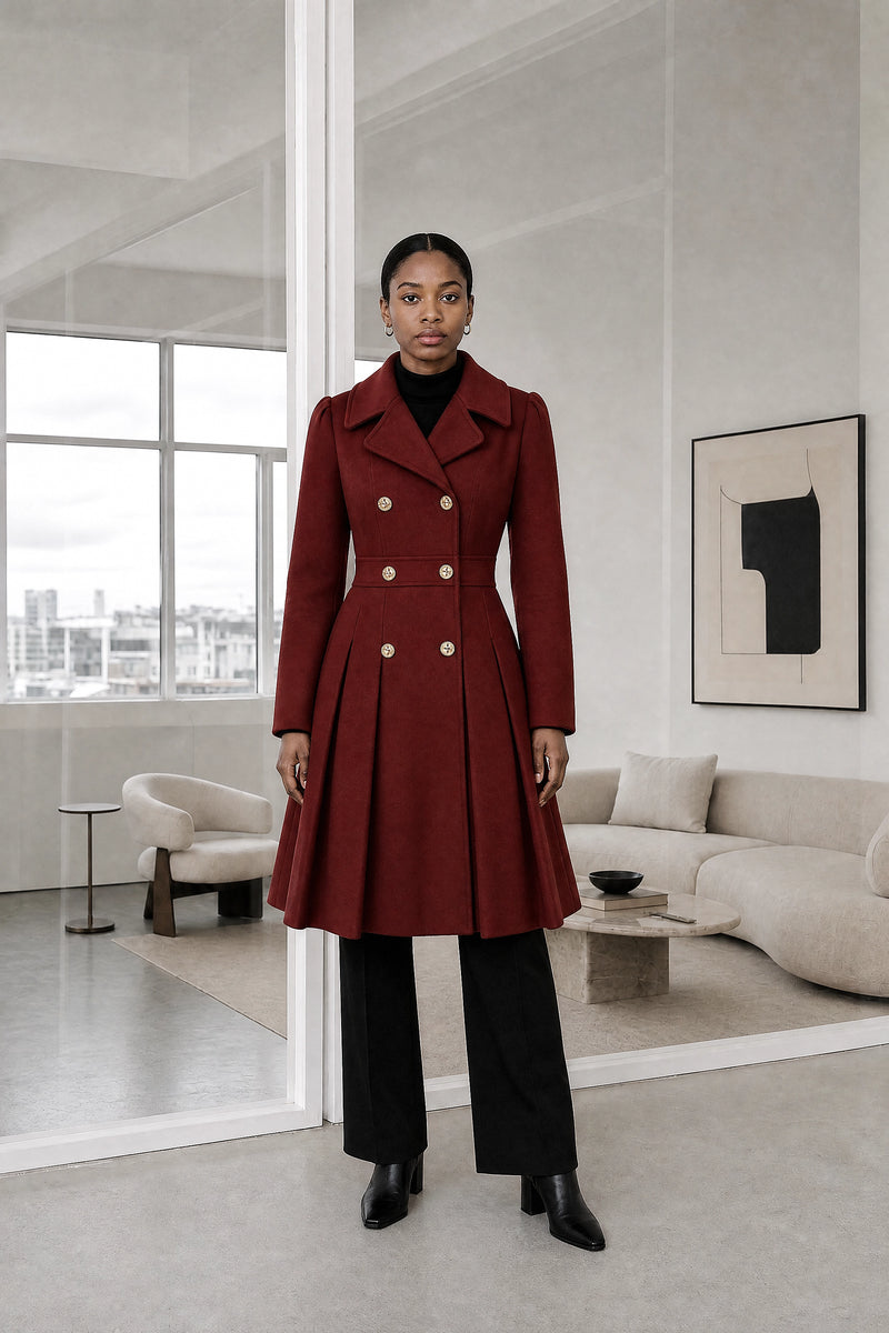 Flora | Double Button Coat in Deep Red, studio front view