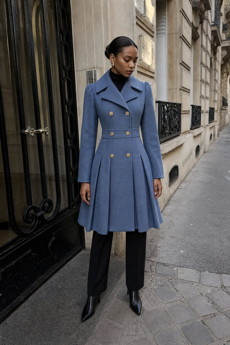 SOFAINE-V7-LIFE-Flora | Double Button Coat in Grey Blue, street-style view