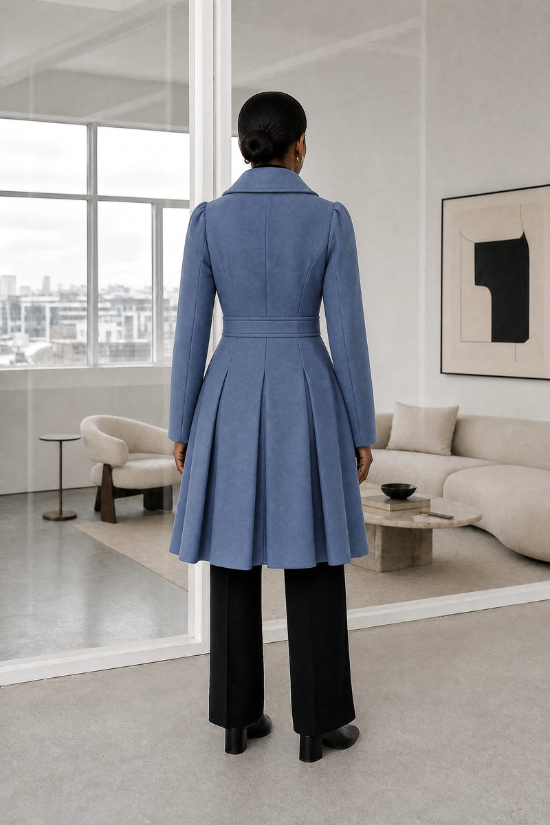 Flora | Double Button Coat in Grey Blue, studio back view