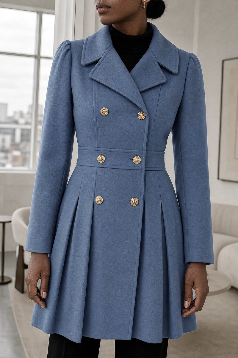 Flora | Double Button Coat in Grey Blue, fabric close-up