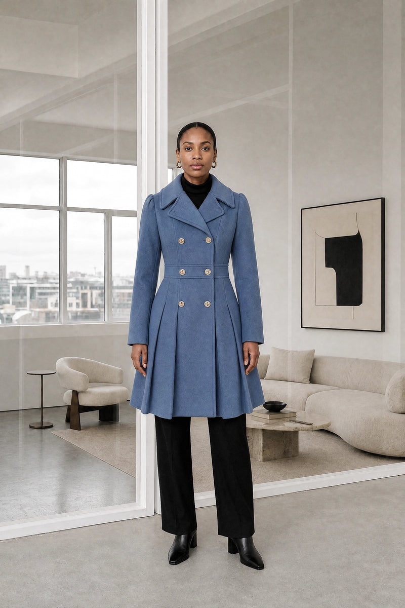 Flora | Double Button Coat in Grey Blue, studio front view
