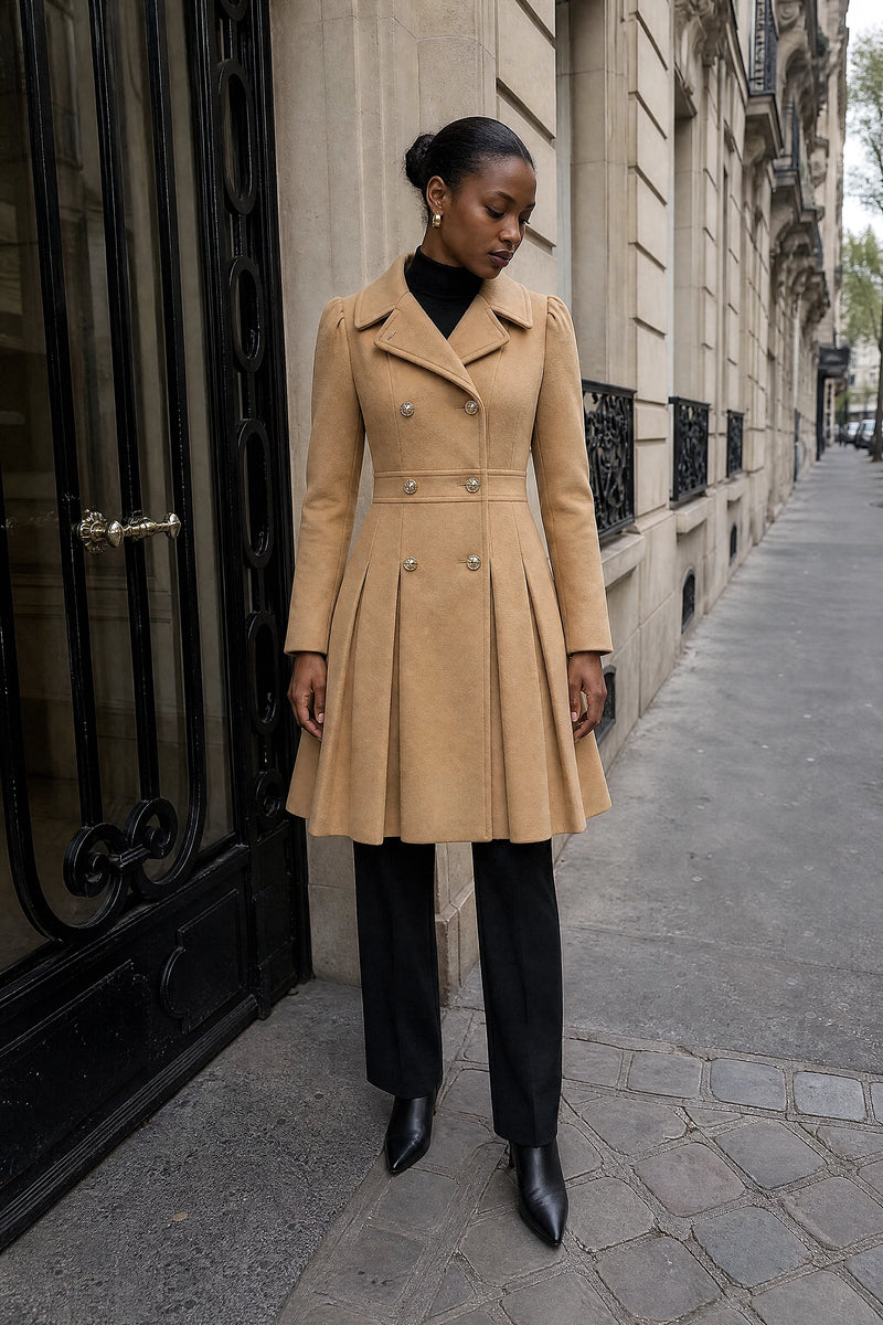 SOFAINE-V7-LIFE-Flora | Double Button Coat in Khaki, street-style view