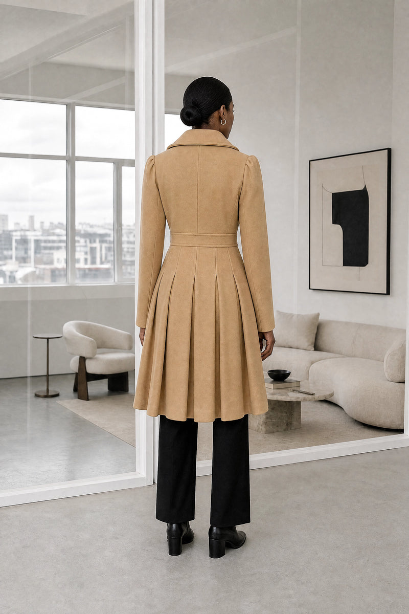 Flora | Double Button Coat in Khaki, studio back view