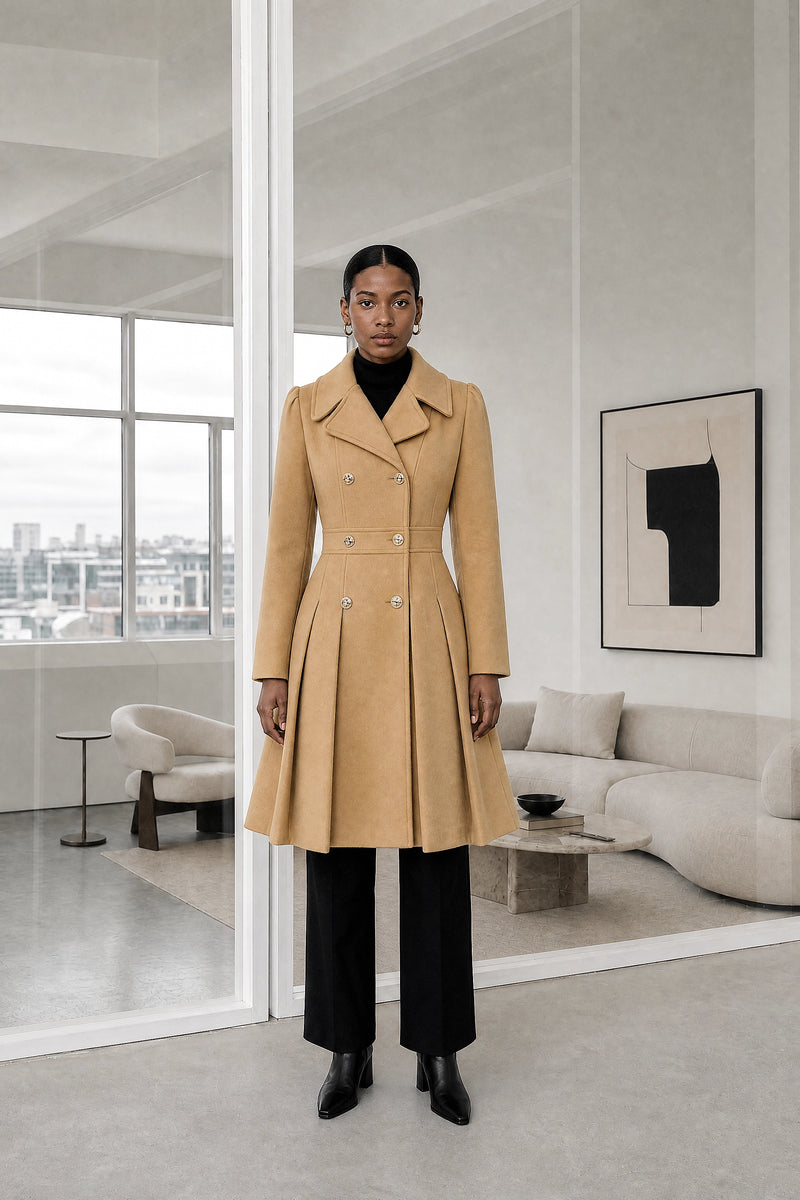 Flora | Double Button Coat in Khaki, studio front view