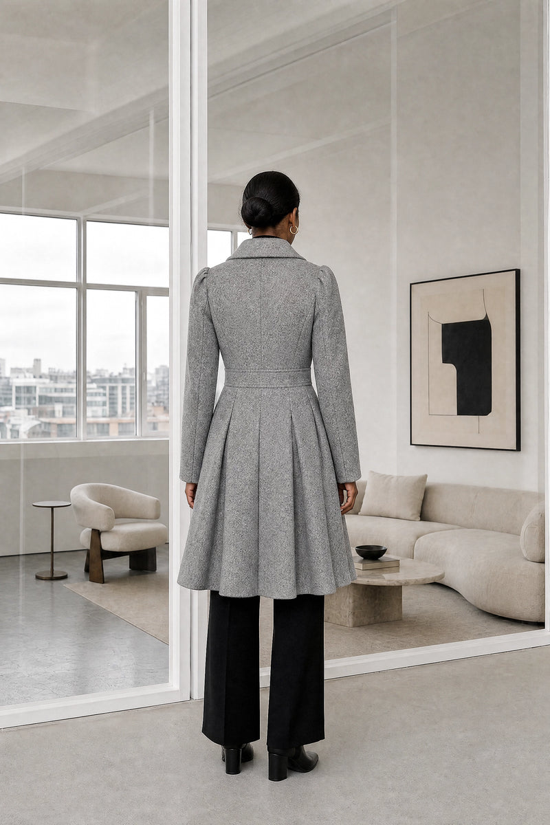 Flora | Double Button Coat in Light Grey, studio back view