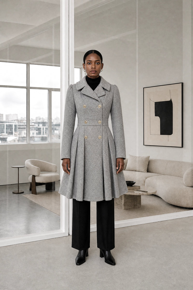 Flora | Double Button Coat in Light Grey, studio front view