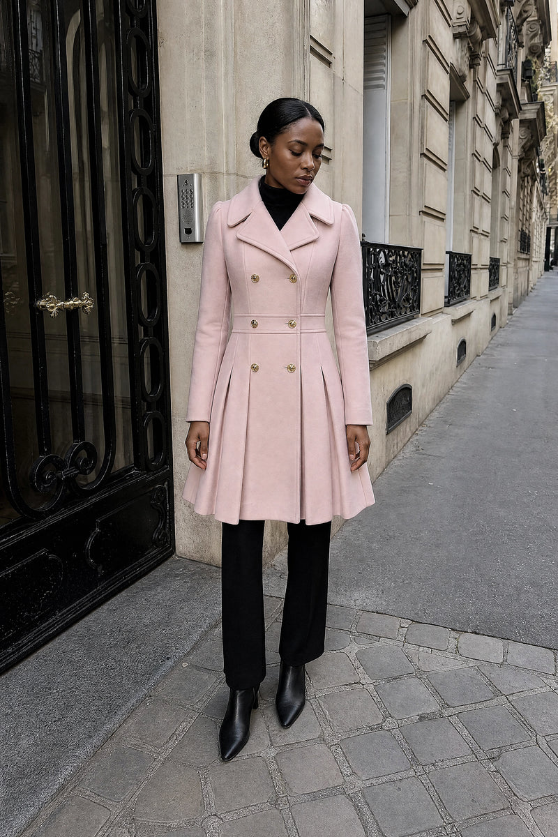 SOFAINE-V7-LIFE-Flora | Double Button Coat in Light Pink, street-style view