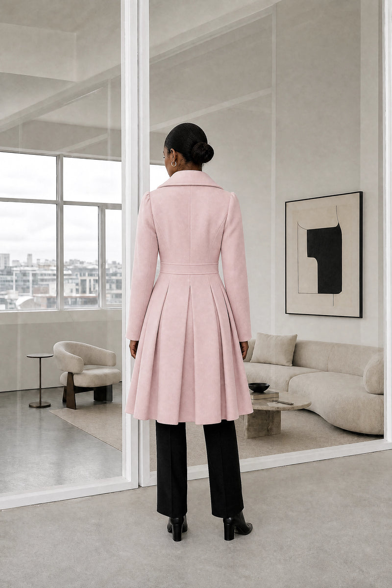 Flora | Double Button Coat in Light Pink, studio back view