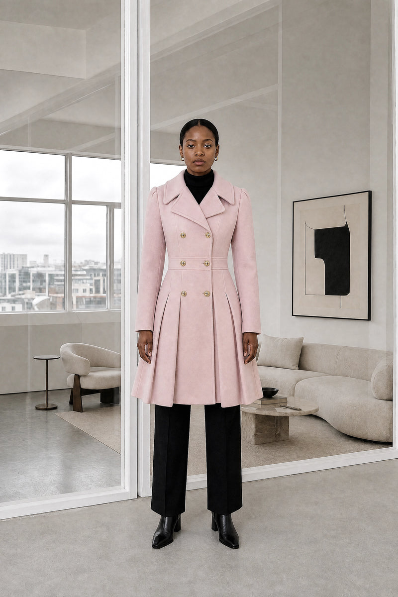Flora | Double Button Coat in Light Pink, studio front view