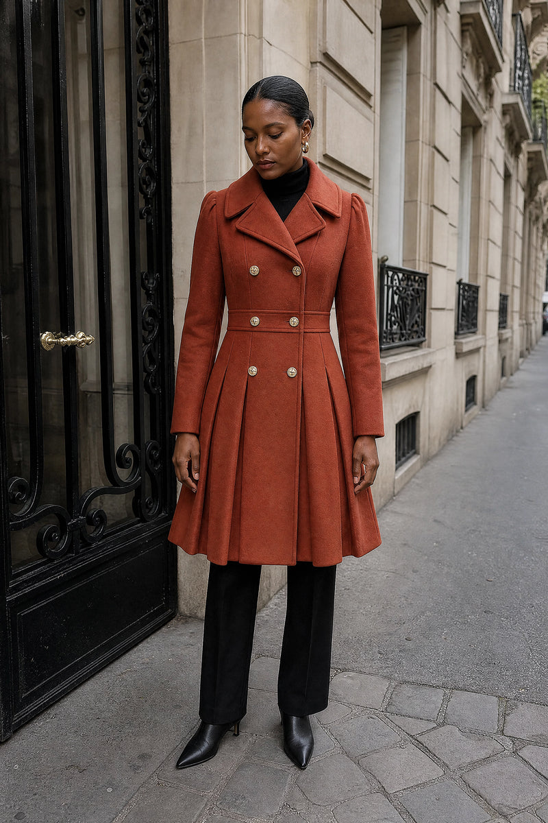 SOFAINE-V7-LIFE-Flora | Double Button Coat in Orange, street-style view