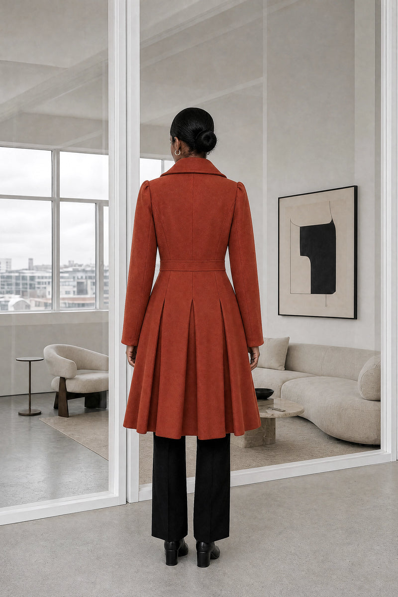 Flora | Double Button Coat in Orange, studio back view