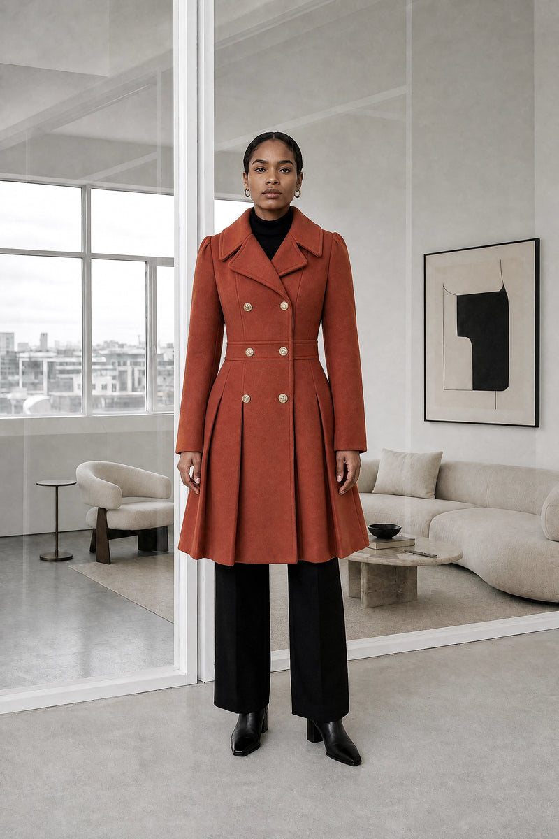Flora | Double Button Coat in Orange, studio front view