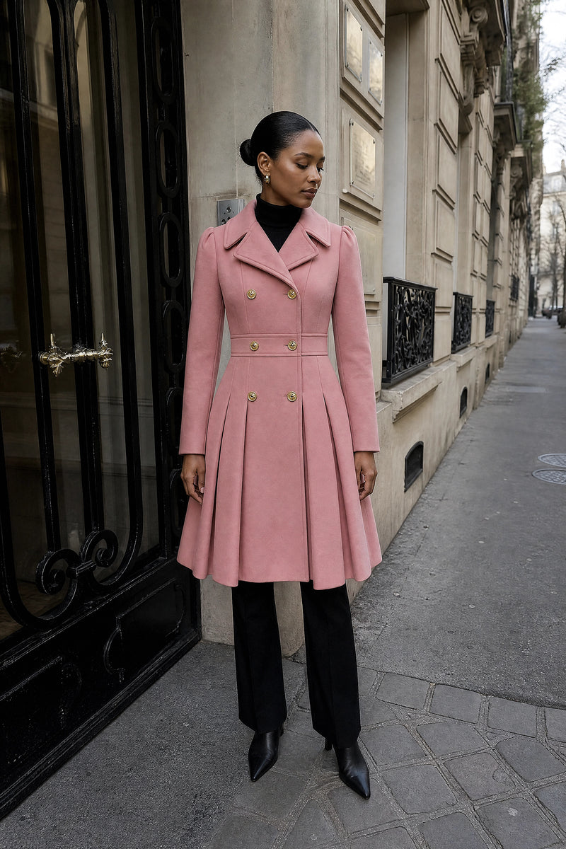 SOFAINE-V7-LIFE-Flora | Double Button Coat in Pink, street-style view
