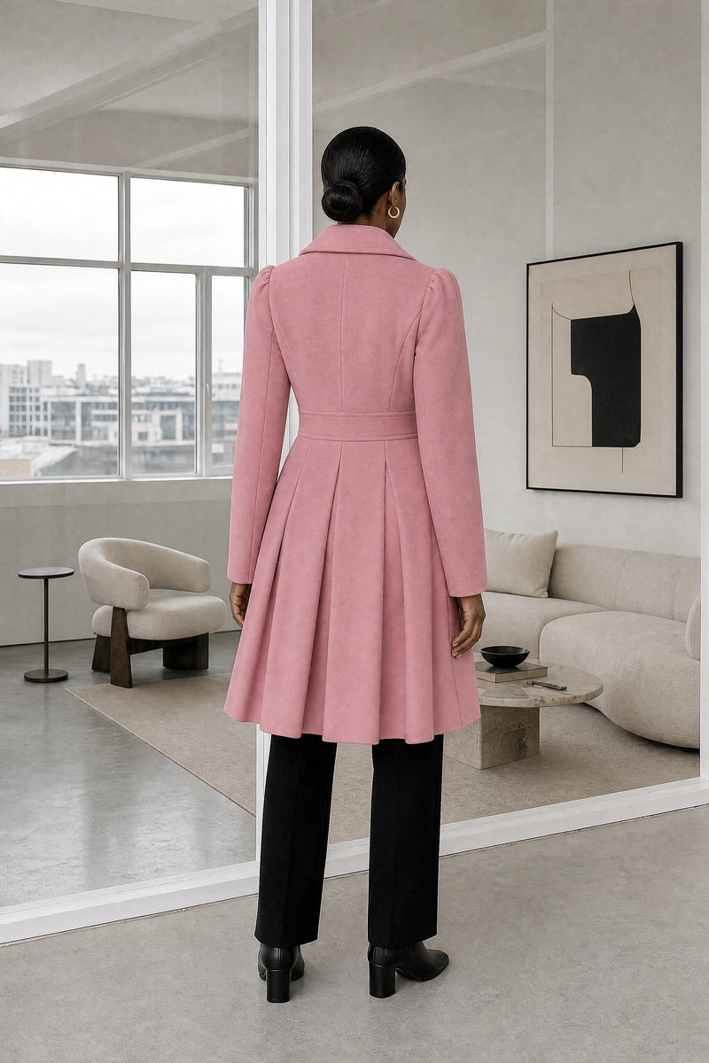 Flora | Double Button Coat in Pink, studio back view