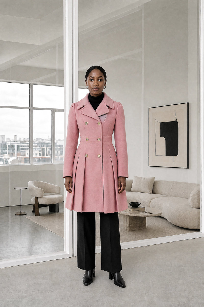 Flora | Double Button Coat in Pink, studio front view