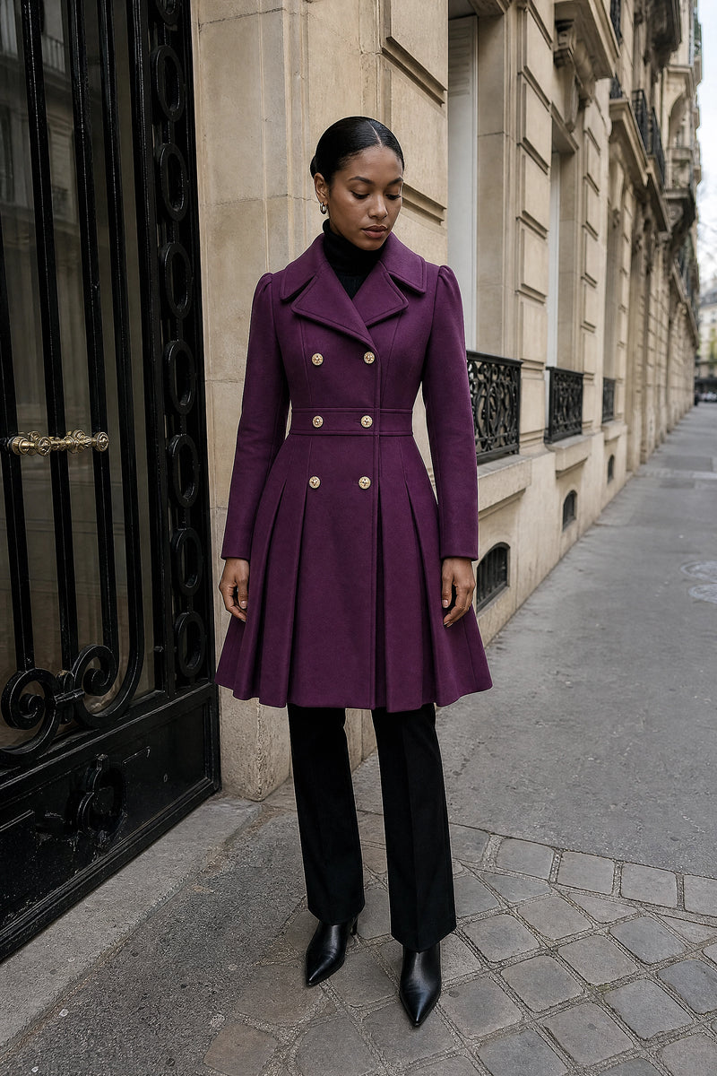 SOFAINE-V7-LIFE-Flora | Double Button Coat in Purple, street-style view