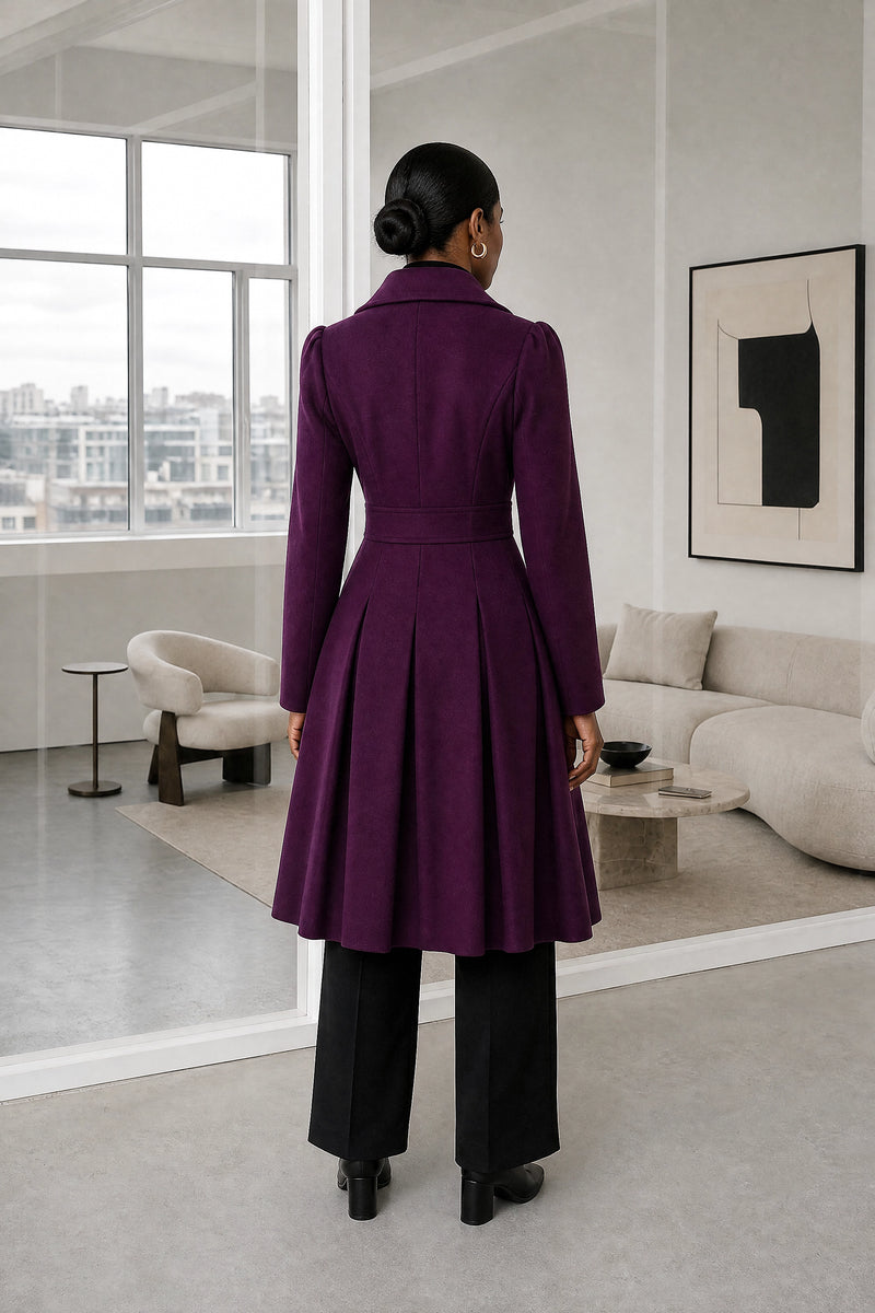Flora | Double Button Coat in Purple, studio back view