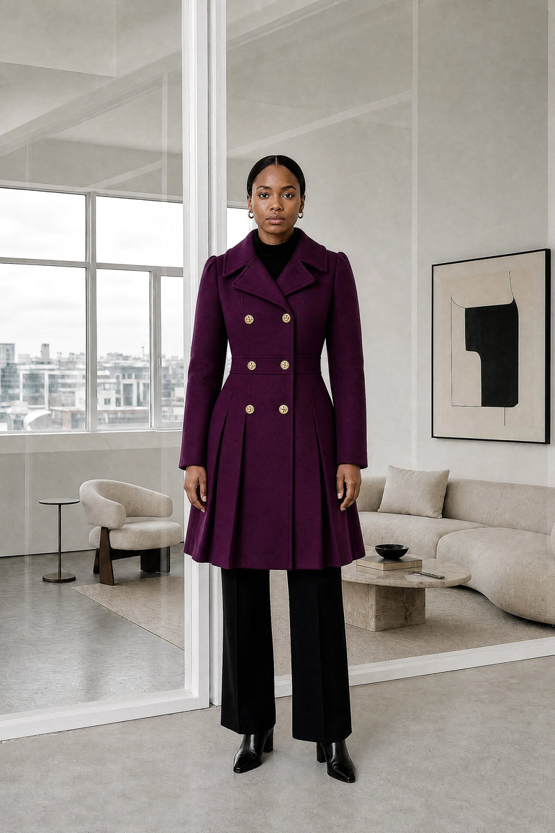 Flora | Double Button Coat in Purple, studio front view