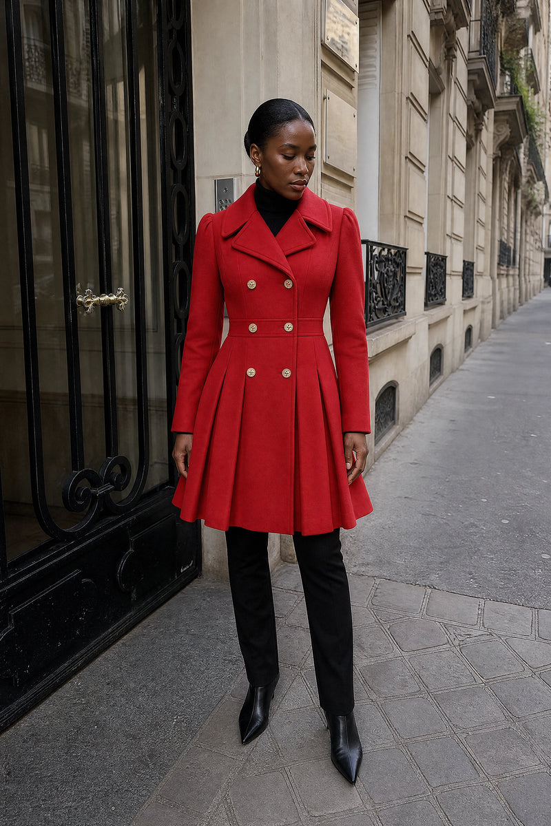 SOFAINE-V7-LIFE-Flora | Double Button Coat in Red, street-style view