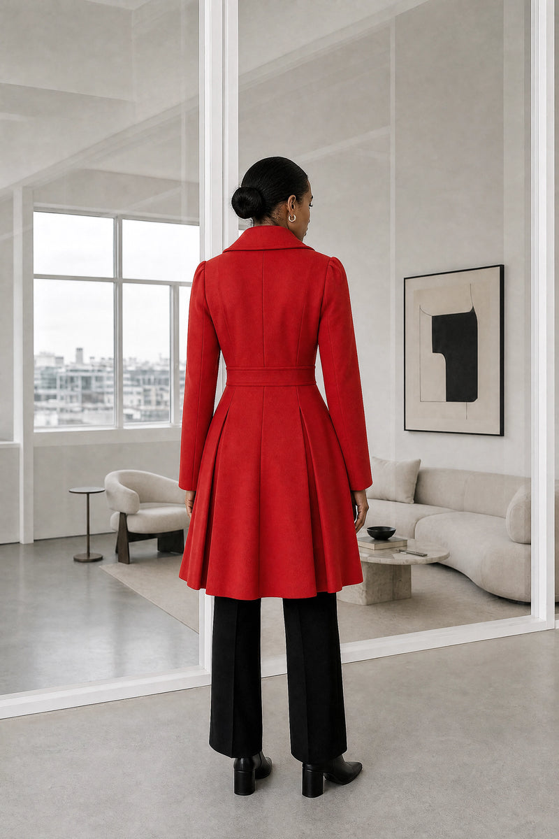 Flora | Double Button Coat in Red, studio back view