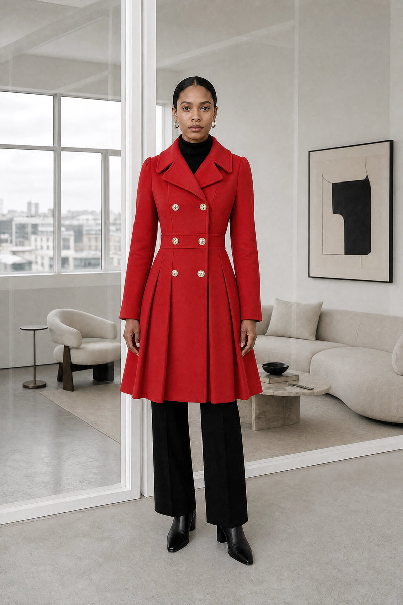 Flora | Double Button Coat in Red, studio front view
