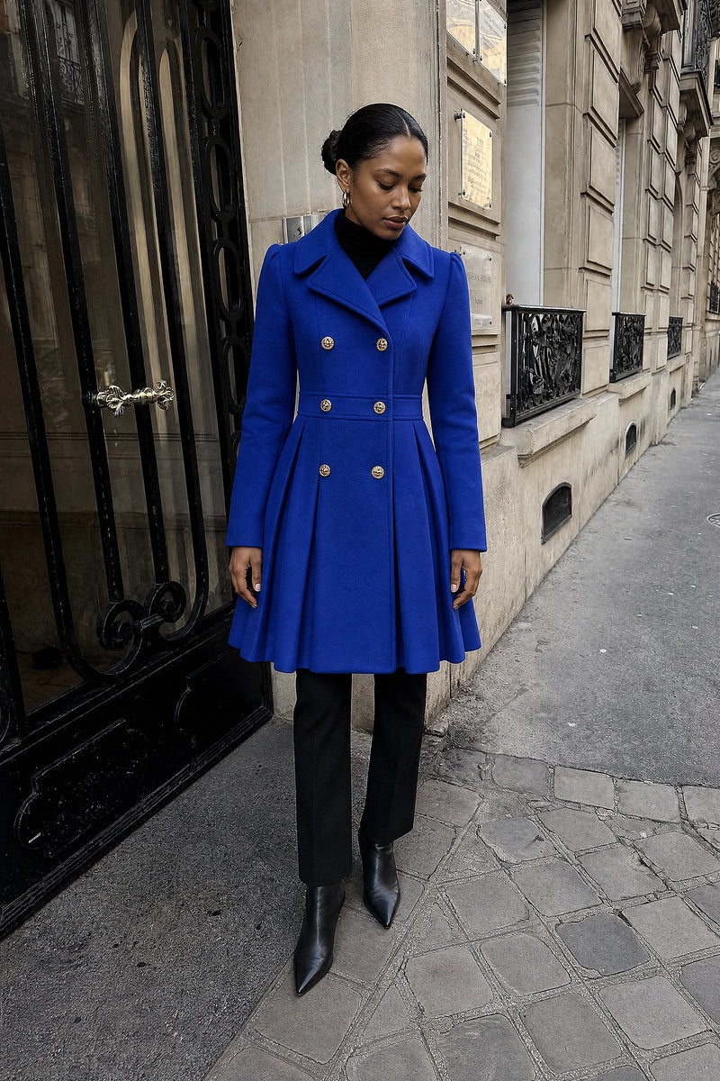 SOFAINE-V7-LIFE-Flora | Double Button Coat in Royal Blue, street-style view