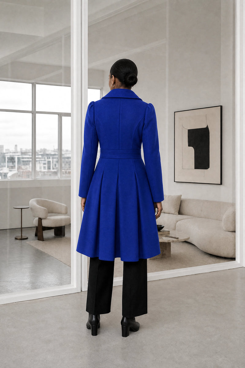 Flora | Double Button Coat in Royal Blue, studio back view