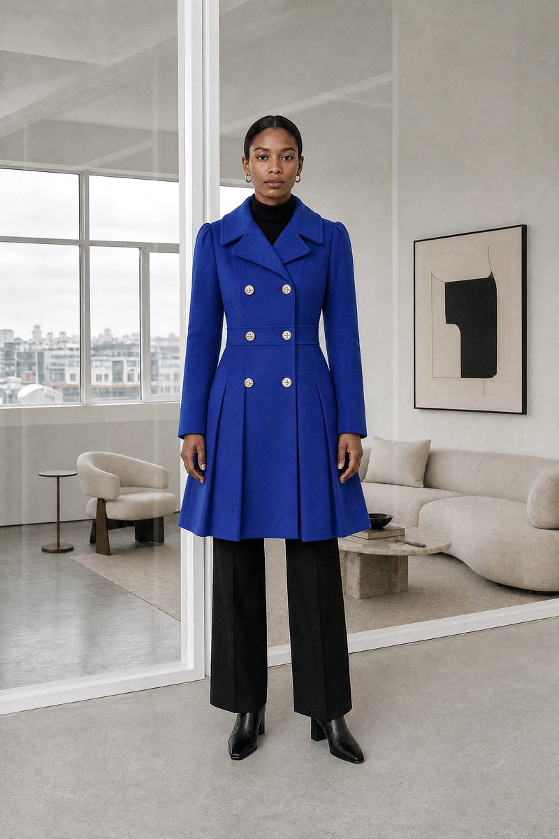 Flora | Double Button Coat in Royal Blue, studio front view