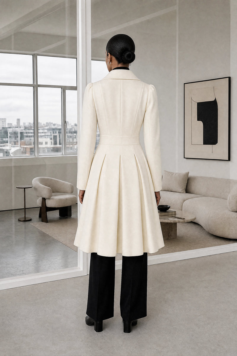 Flora | Double Button Coat in White, studio back view