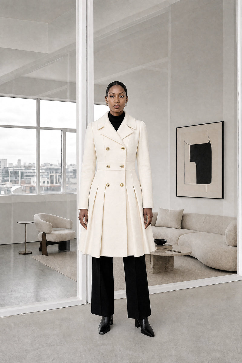Flora | Double Button Coat in White, studio front view
