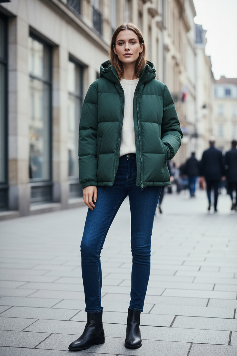 Short Hooded Puffer Jacket for Women with High Collar and Side Pockets, styled view