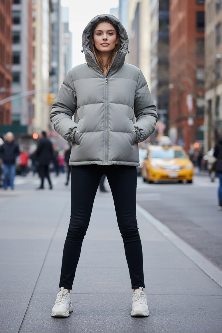 Short Hooded Puffer Jacket for Women with High Collar and Side Pockets in Light Gray, front view with hood up