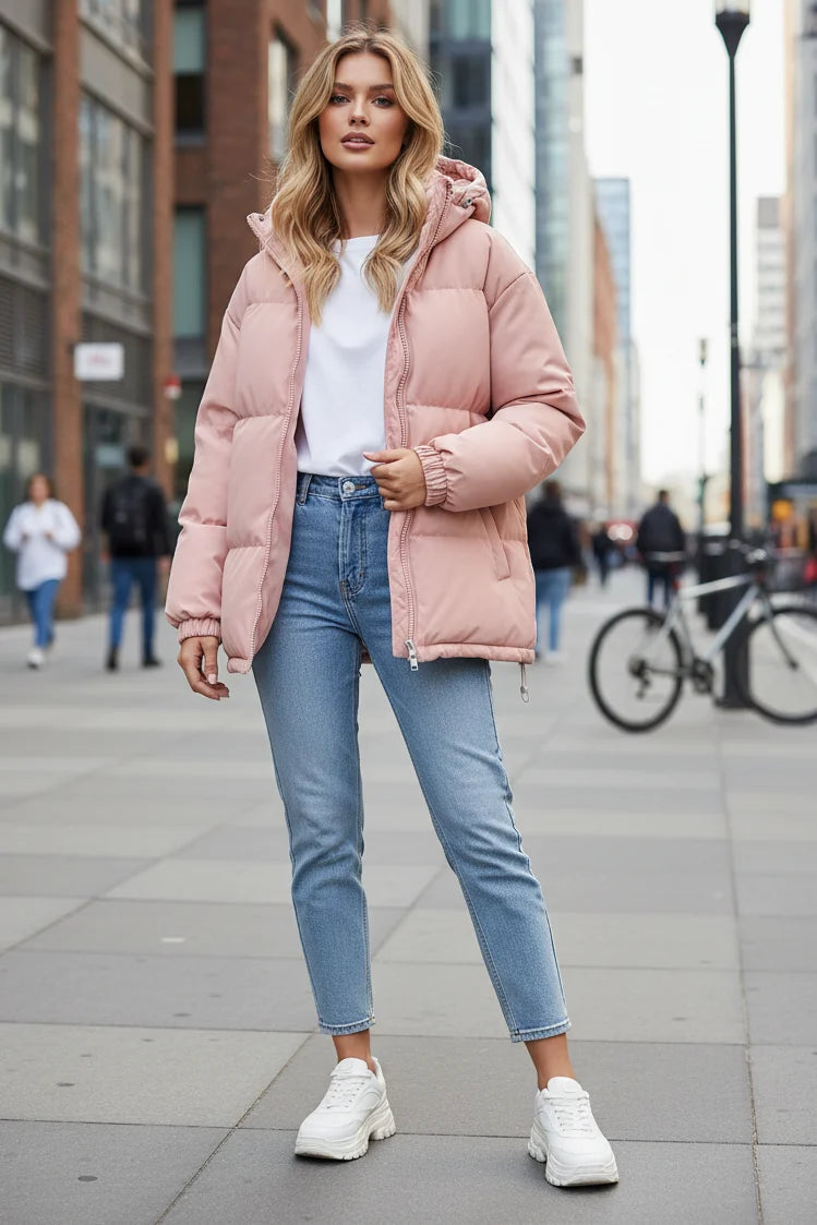 Short Hooded Puffer Jacket for Women with High Collar and Side Pockets in Pink, front view
