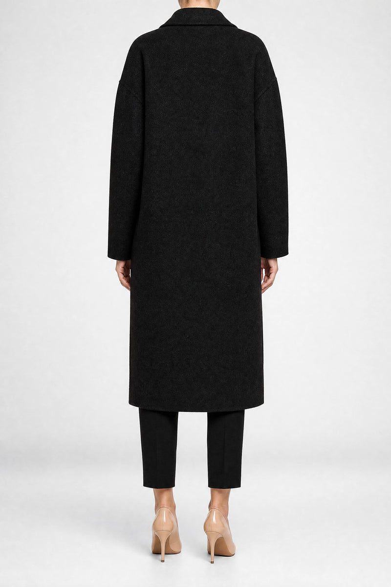 Sofaine Francine women's overcoat in Black, back view studio shot