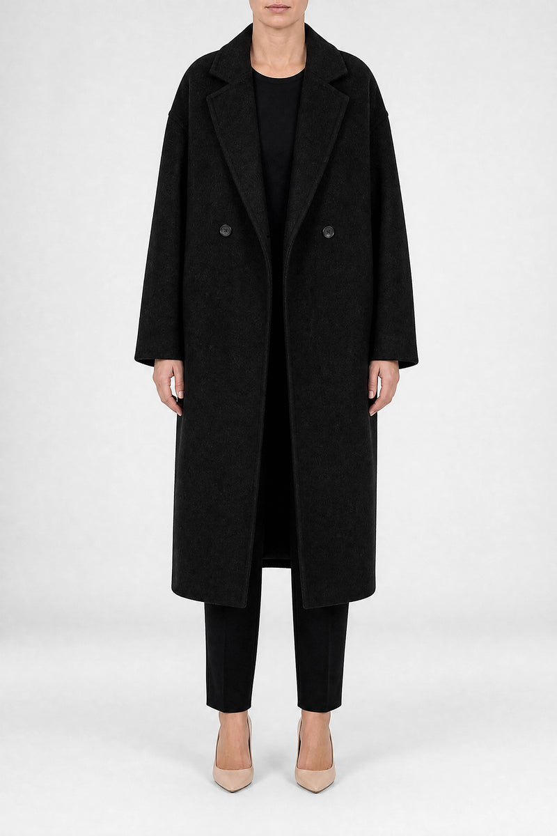 Sofaine Francine women's overcoat in Black, front view studio shot