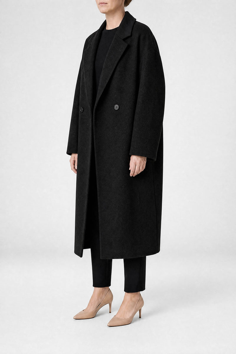 Sofaine Francine women's overcoat in Black, side view studio shot