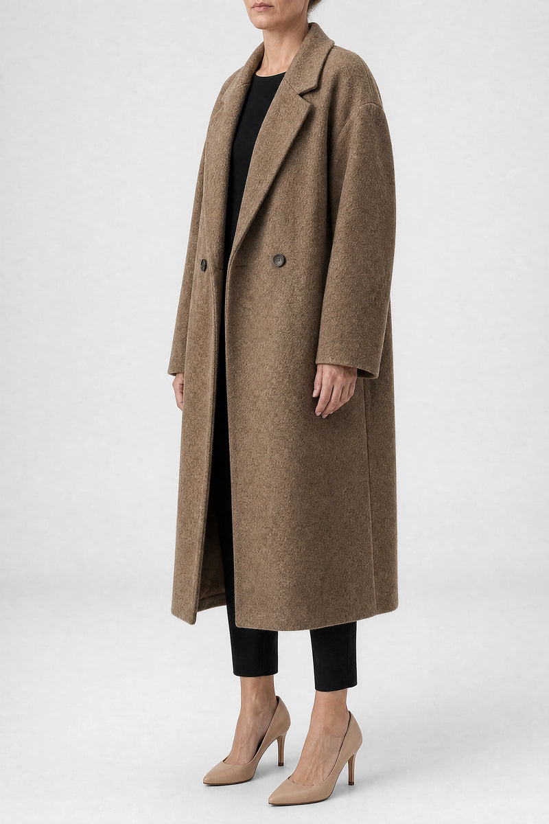 Sofaine Francine women's overcoat in Brown, side view studio shot