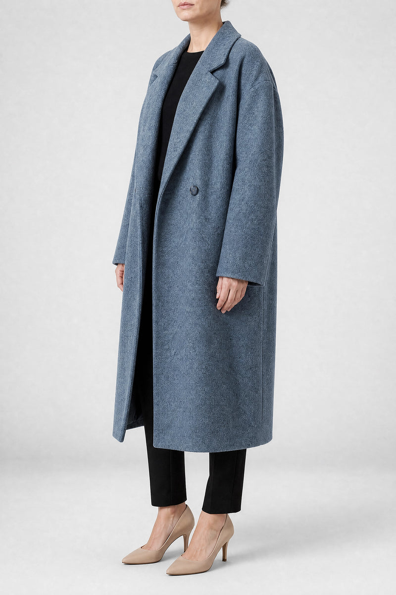 Sofaine Francine women's overcoat in Navy Blue, side view studio shot
