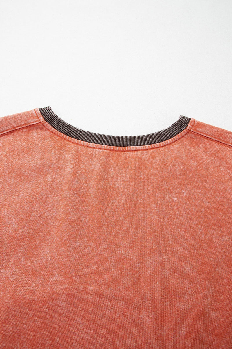 Color Block Crewneck Sweatshirt for Women with Mineral Wash Finish in Rust, back neckline close-up