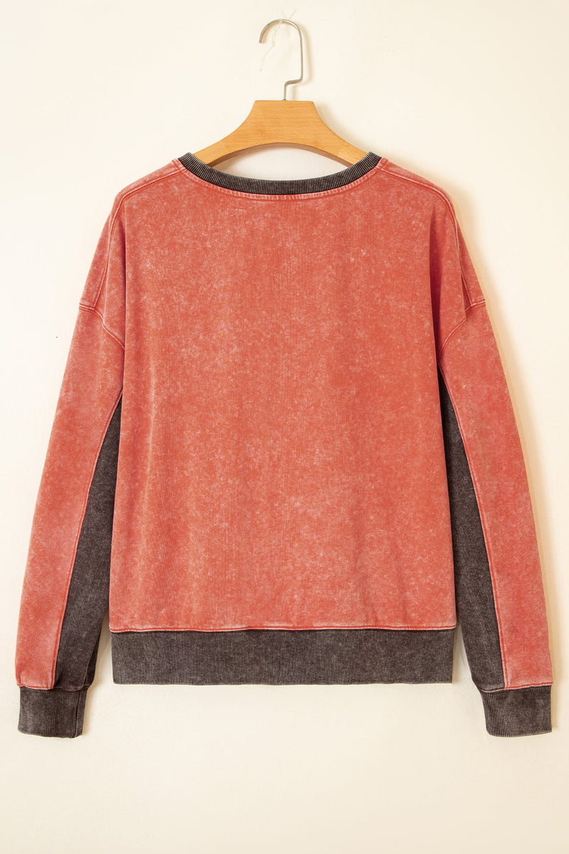 Color Block Crewneck Sweatshirt for Women with Mineral Wash Finish in Rust, flat lay back