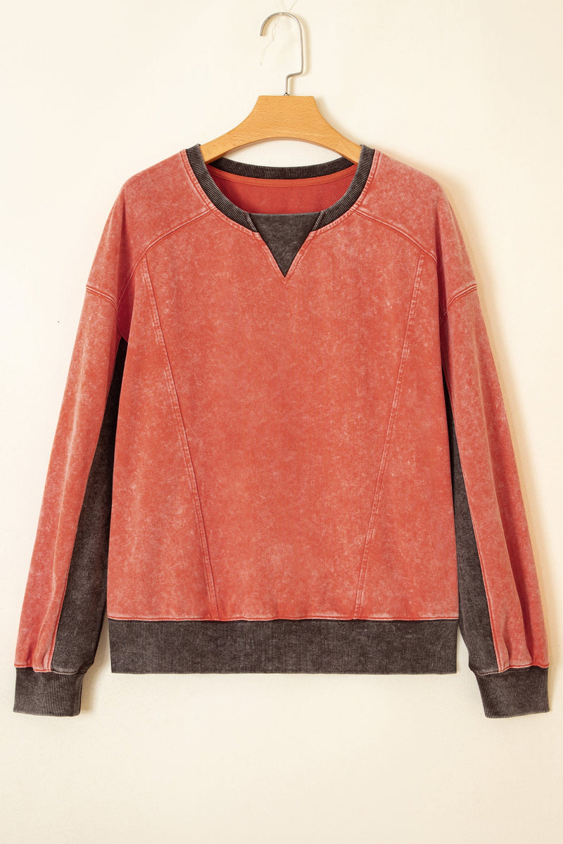 Color Block Crewneck Sweatshirt for Women with Mineral Wash Finish in Rust, flat lay front