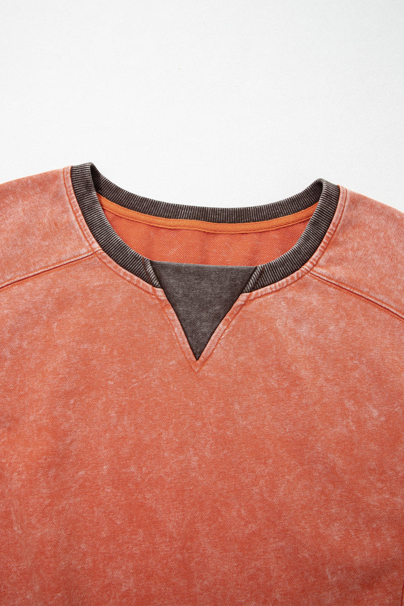 Color Block Crewneck Sweatshirt for Women with Mineral Wash Finish in Rust, neckline close-up